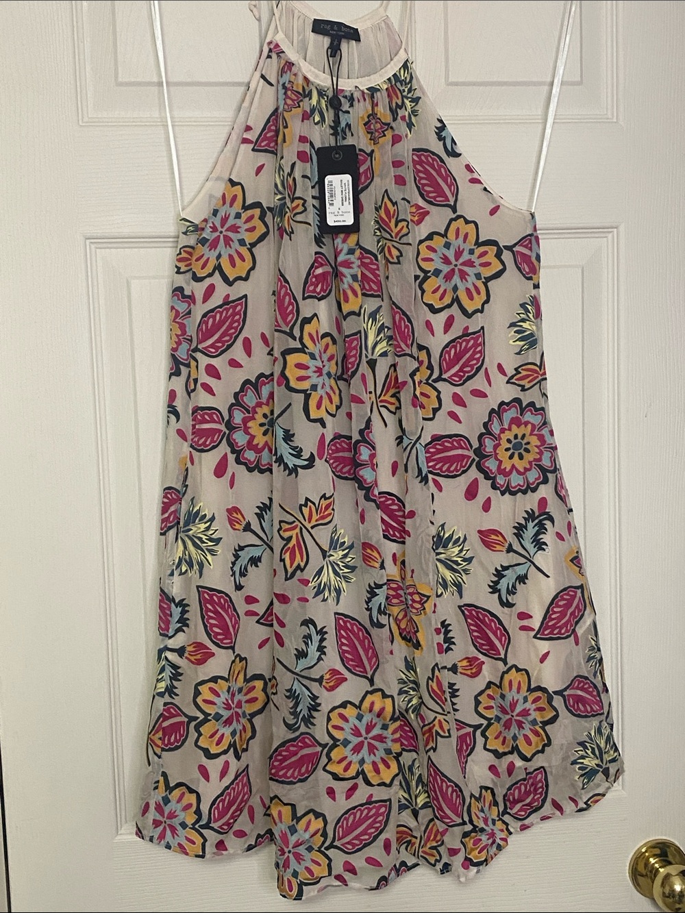 rag & bone Cream Halter Mini Dress with Pink, Yellow & Navy Floral Motif